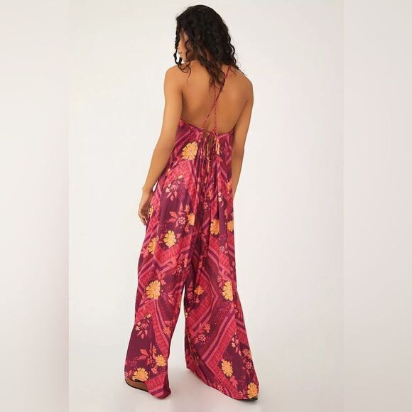 Free People NWT Luca Floral Halter Neck Wide Leg Jumpsuit size medium - Picture 2 of 4